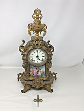 Ansonia Brass Antique French Pendulum Clock W/Key Porcelain Plaque picture