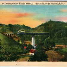 c1940s Asheville, NC Post Card Co Railway Train High Trestle Linen Colorful A203 picture