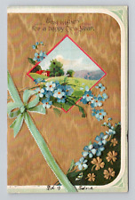Postcard New Year Greeting Forget-Me-Not Flowers and Rural Scene, Antique H9 picture