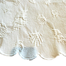 Vintage Round White Matelasse Tablecloth Seashell Design 63” Scallop Edge Ivory picture
