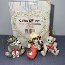 1996 Enesco 3 Calico Kittens Ornaments Kitten In Bow, Holding Gift, In Stocking picture