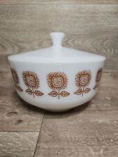 Vintage Federal Milk Glass Bowl Lid Brown Sunflowers Casserole Dish Bowl 2.5 picture