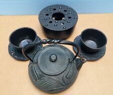 Japanese Cast Iron  Tea Set 8 Pieces Pot Burner Strainer  2 Cups Saucers Signed picture