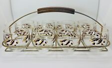 MCM Federal Glass Roly Poly 8 Glasses & Caddy Bar Set 22K Gold Acorn Leaves Trim picture