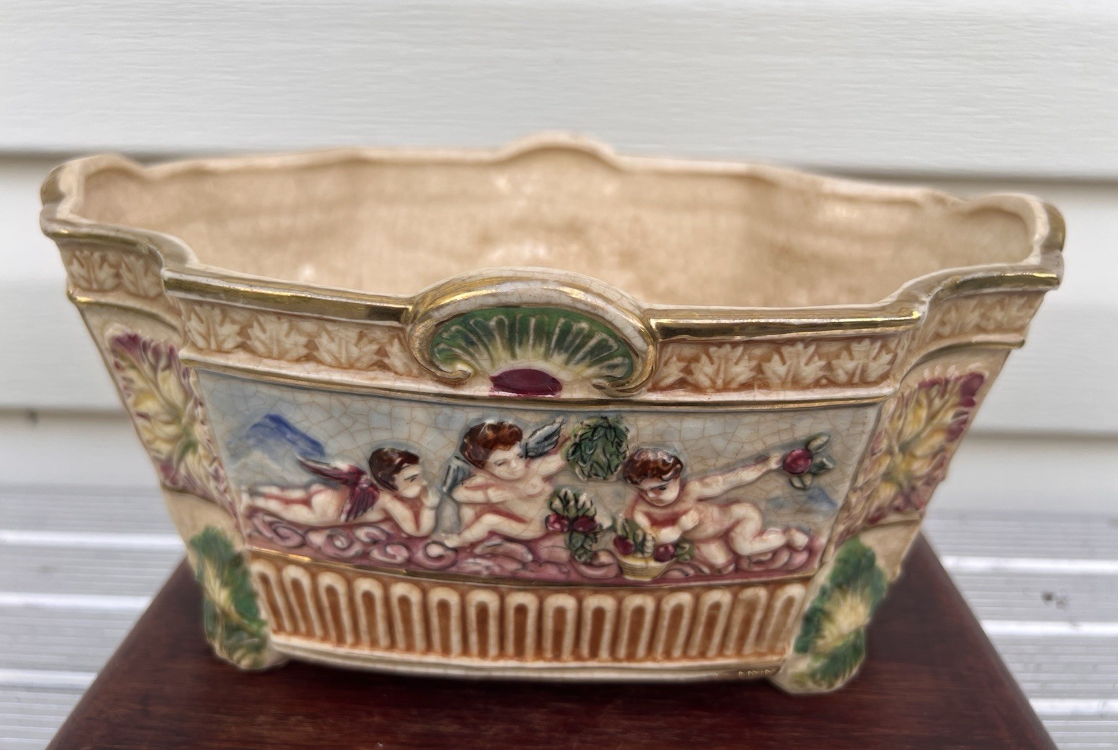1930s Hand Painted Japanese Maruhon Ware Capodimonte Cherub Ceramic Bowl Planter