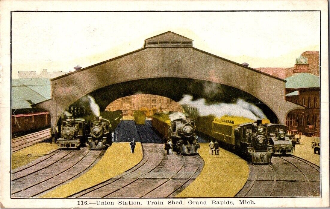 Antique 1908 Union Station Train Shed Grand Rapids MI Michigan Postcard