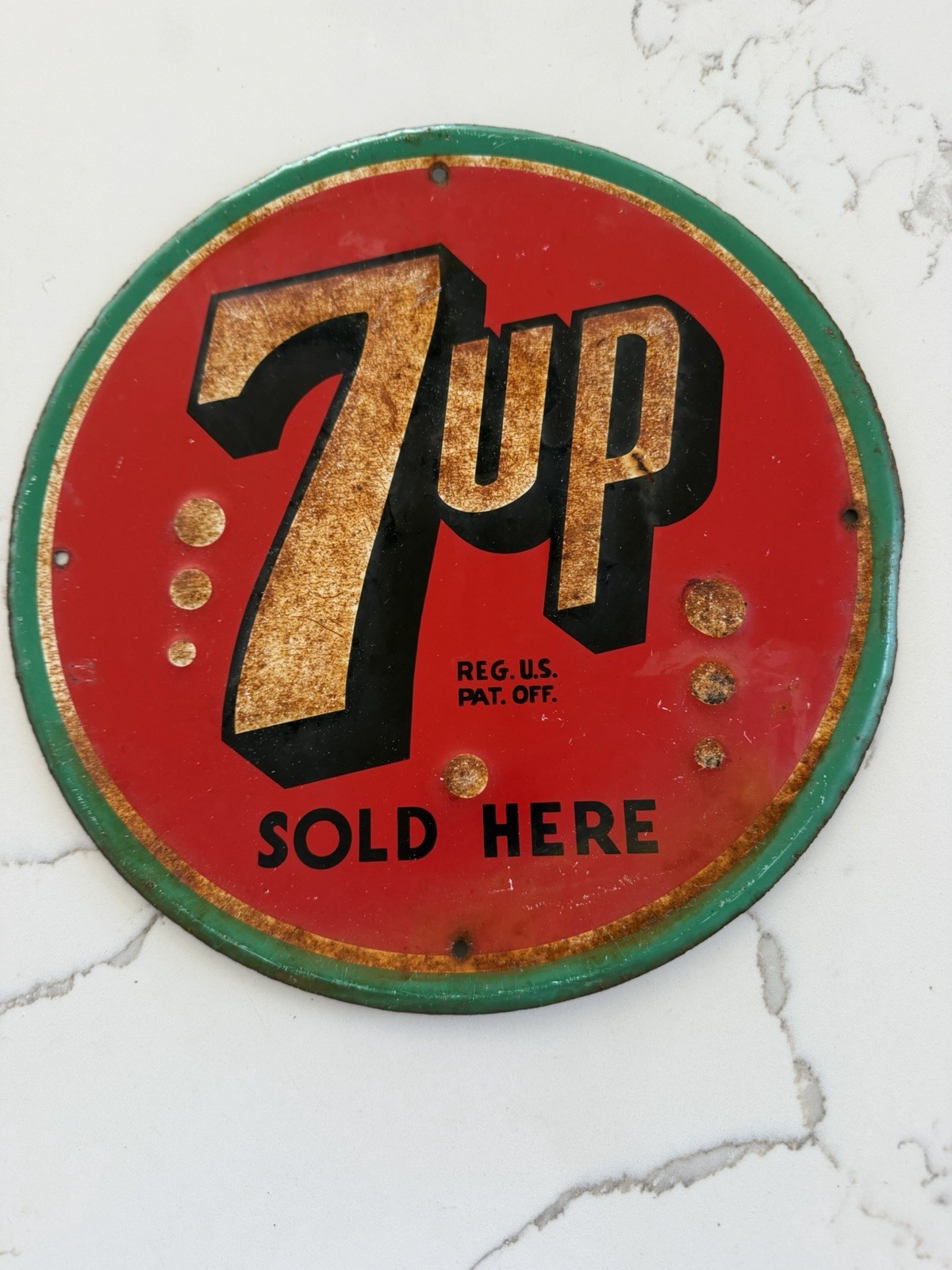 Vintage 7UP Sold Here Soda Advertising Sign 11 3/4” Embossed Metal