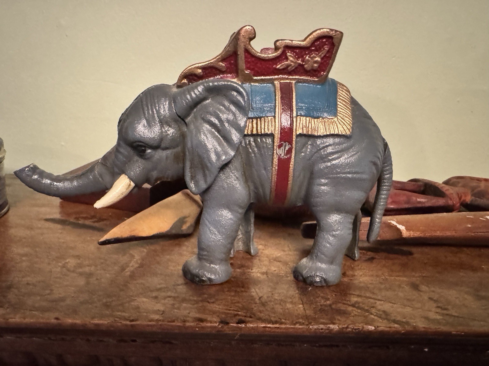 Vintage Antique Hand-Painted Cast Iron Elephant Figurine Trunk Up