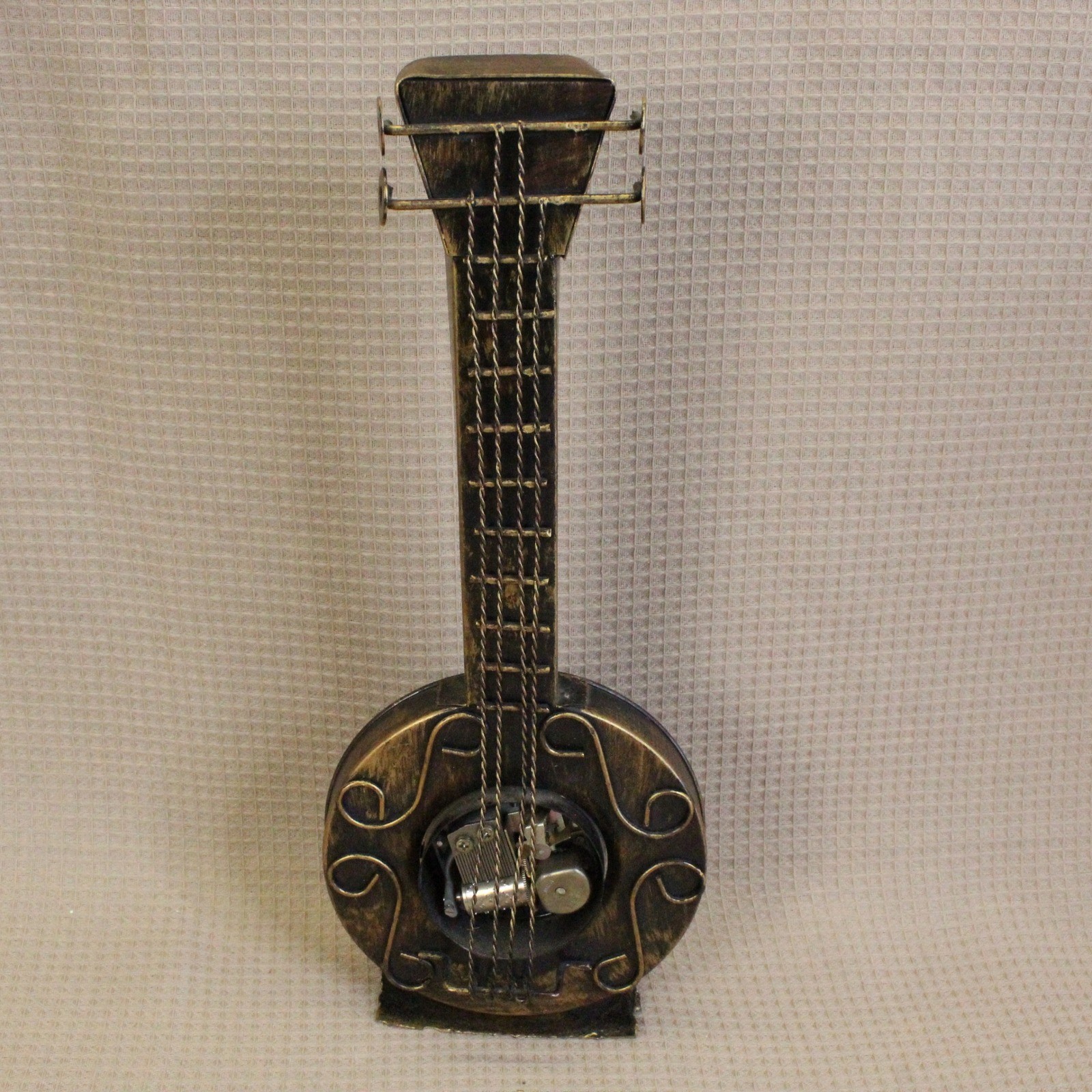 Vintage Metal Banjo Music Box Bronze Gold Rustic Boho Folk Art Decor 13.5in