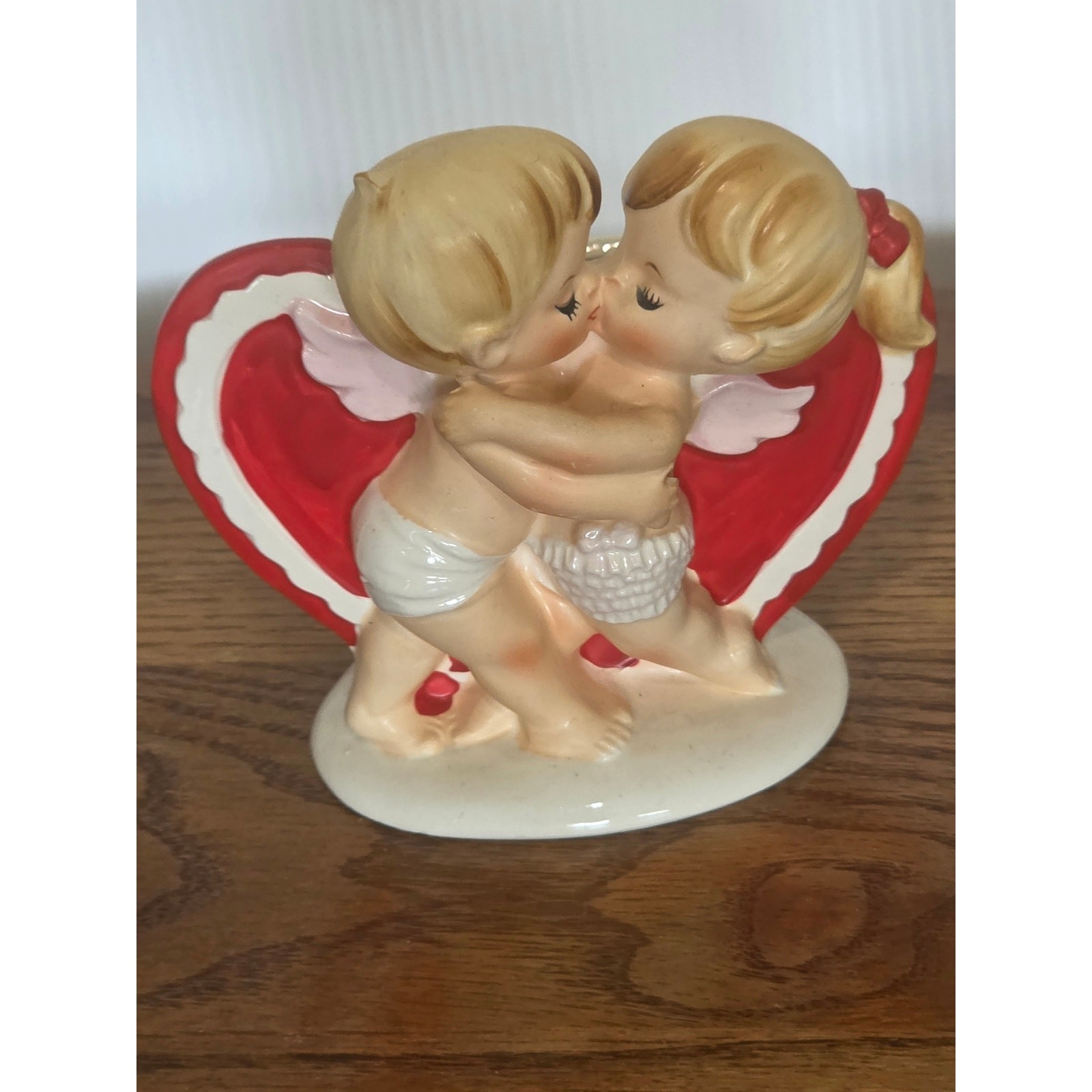 Vintage Lefton Kissing Angels Planter 2773 Valentine Red Heart Cherub Kitsch