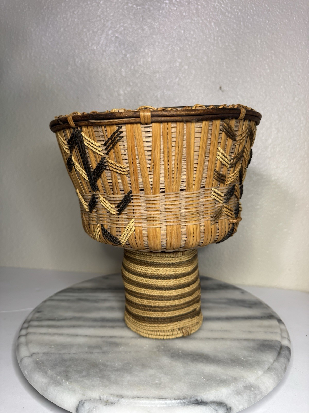 Vintage Handwoven Pedestal Chalice Basket-Boho Openwork Footed Bowl