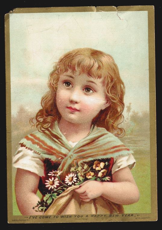 Victorian NEW YEAR Greeting Card - Hildesheimer & Co. - young girl with flowers Victorian NEW YEAR Greeting Card - Hildesheimer & Co. - young girl with flowers