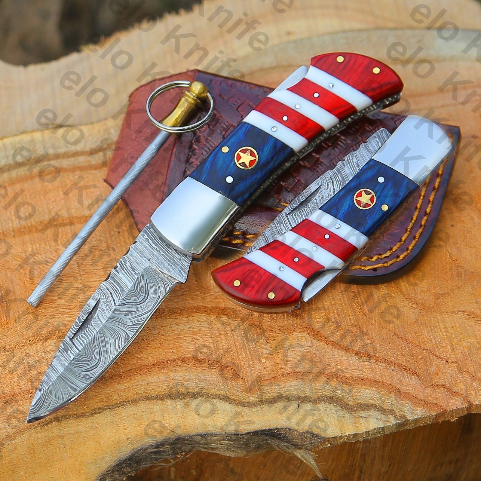 20 Pcs of Handmade Damascus Steel Folding Pocket Knives USA Flag Handle W/Sheath