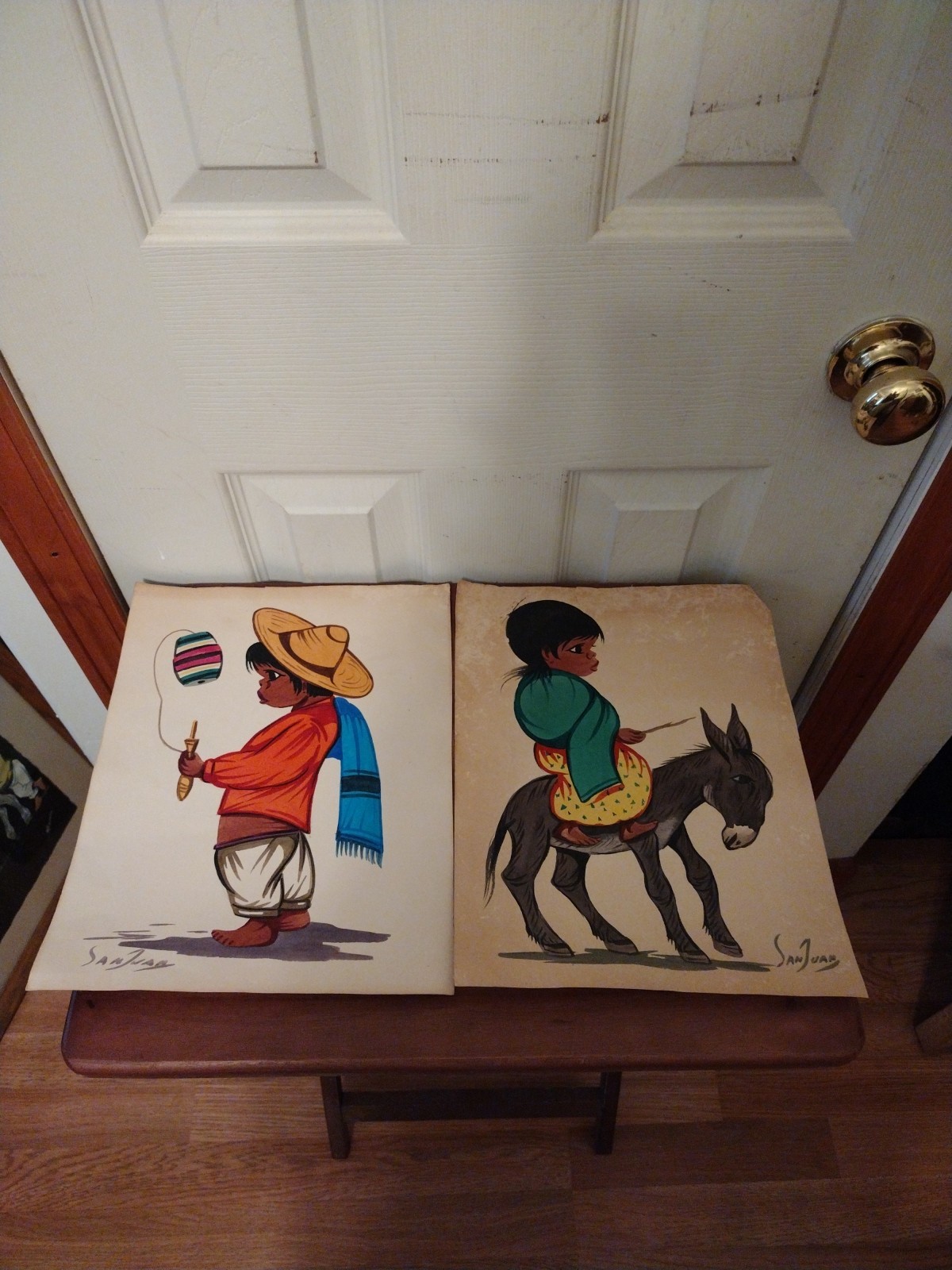 Vintage Set Of Two Signed San Juan Mexican Folk Art Gouche On Paper
