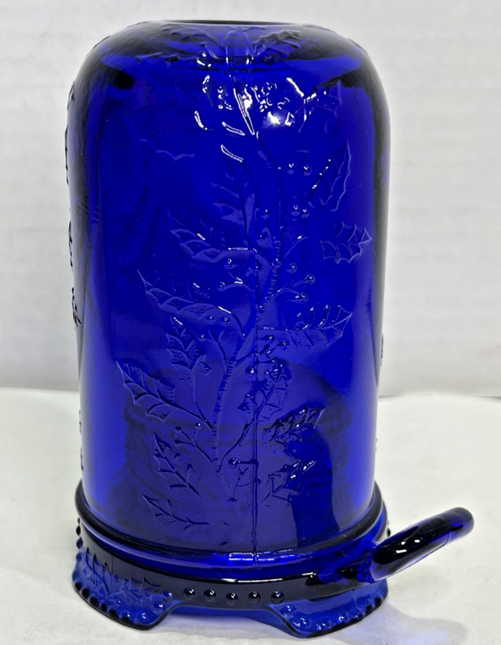 VTG Mosser Cobalt Blue Glass Holly Berry 2 Pc Handled Fairy Lamp Light