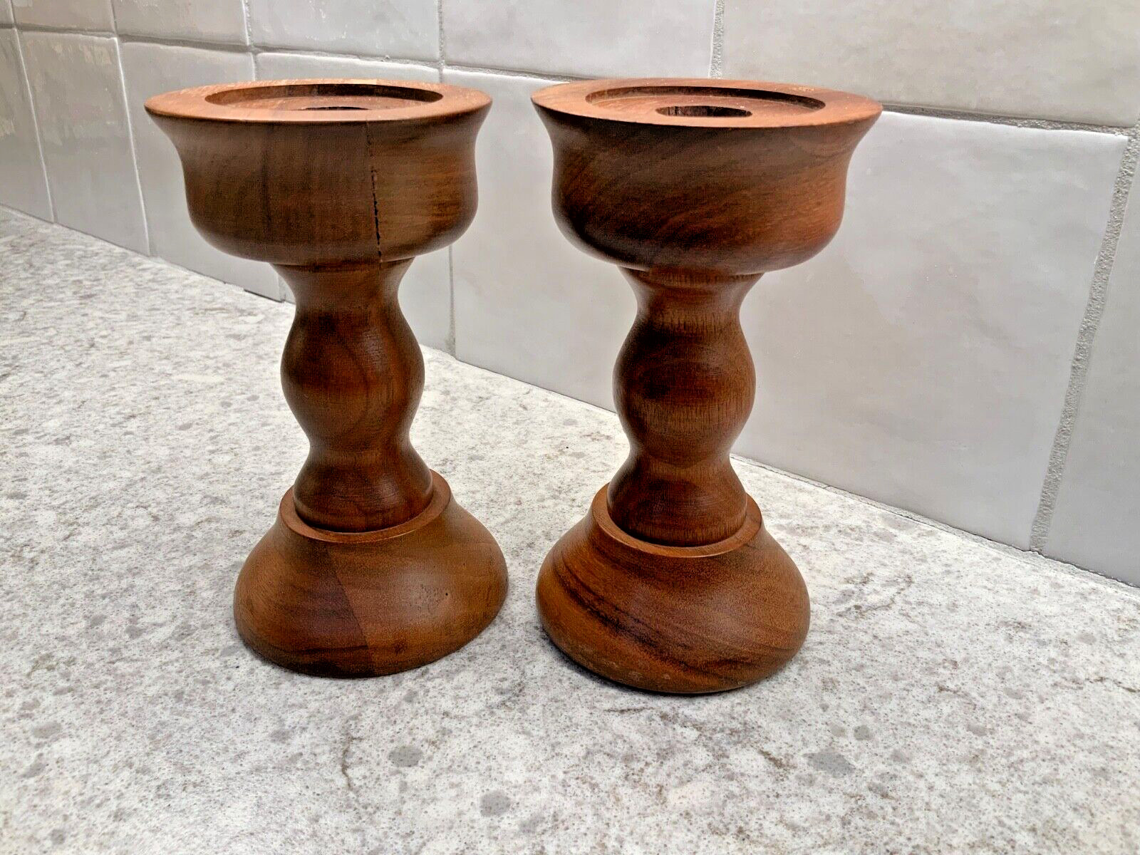 Vintage Mid Century Modern Kustom Kraft Wood Candleholders/Candlesticks 5.5\