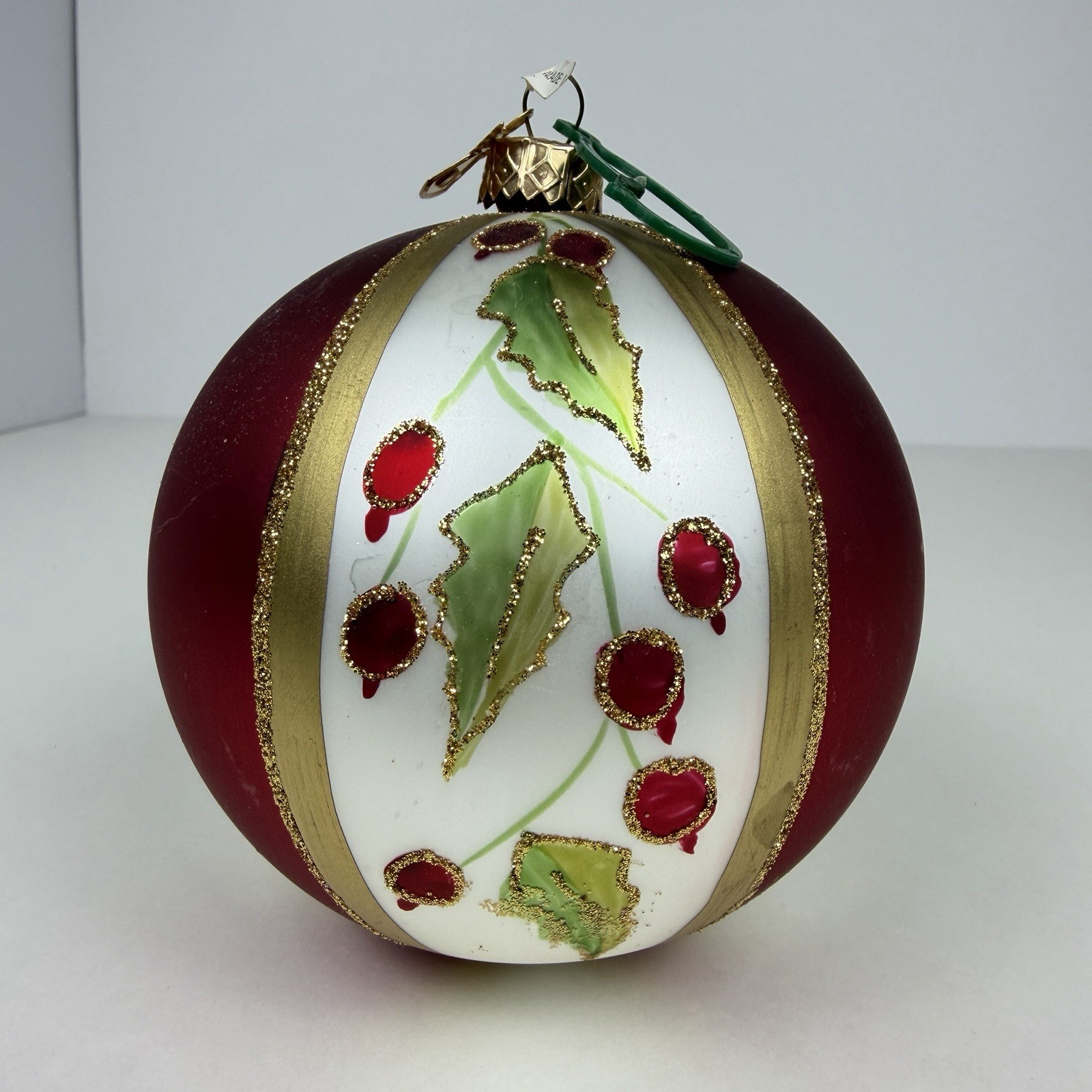 Vintage WC Angel Tag Glass Christmas Ornament Red Holly Berries Leaves