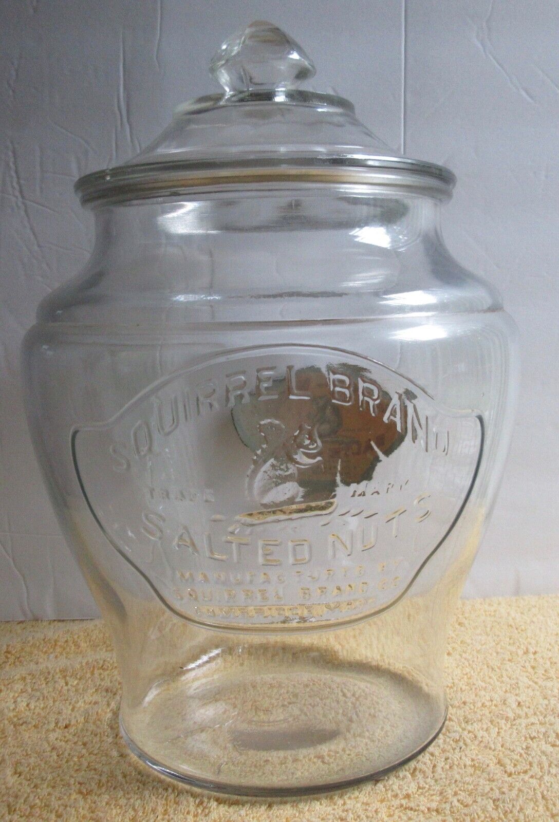 ANTQUE SQUIRREL BRAND SALTED NUTS EMBOSSED w DECAL  COUNTERTOP JAR & LID c1910