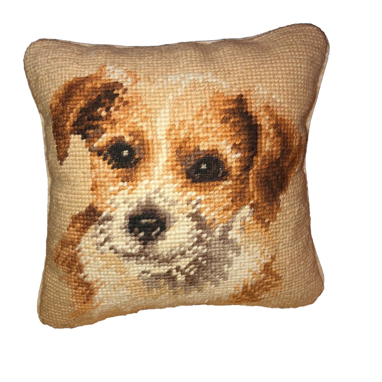 Vintage / Antique Wool Needlepoint Throw Pillow Dog Terrier 8” X 8”