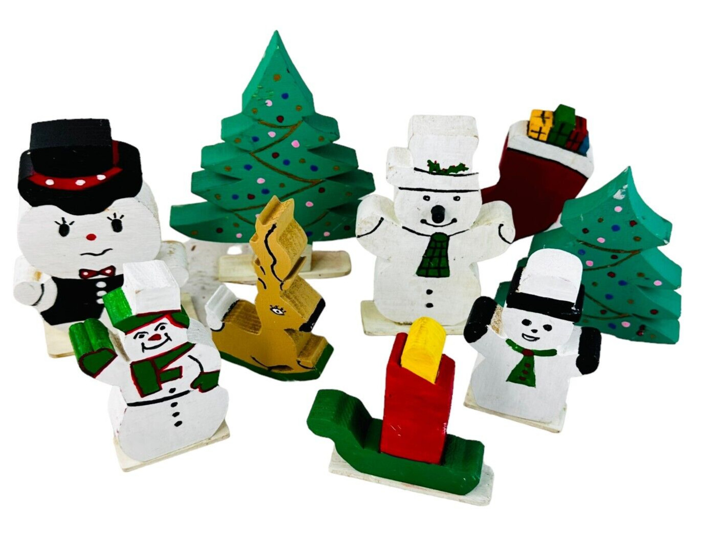 9 vtg handmade wood decor Christmas trees snowman trees stocking candle shelf