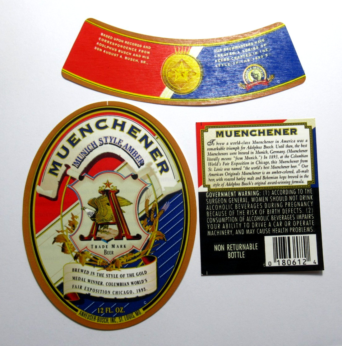 Vintage 1995 Anheuser Busch Muenchener Munich Style Amber Beer Label Set of 3