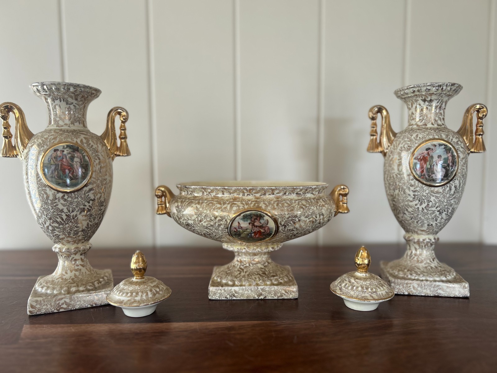 Vintage Empire England 3 Pc Garniture Set Urns & Bowl Gold Floral Classical