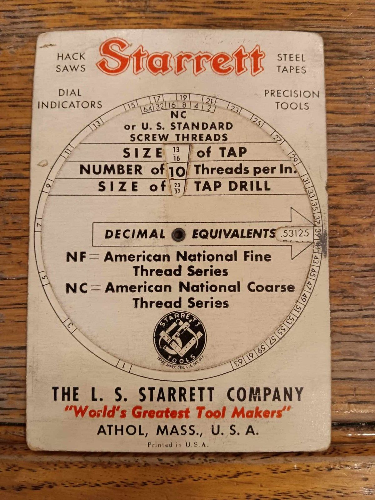 Vintage L.S. STARRETT CO. US Standard Screw Thread & Tap Drill Sizes Wheel Chart
