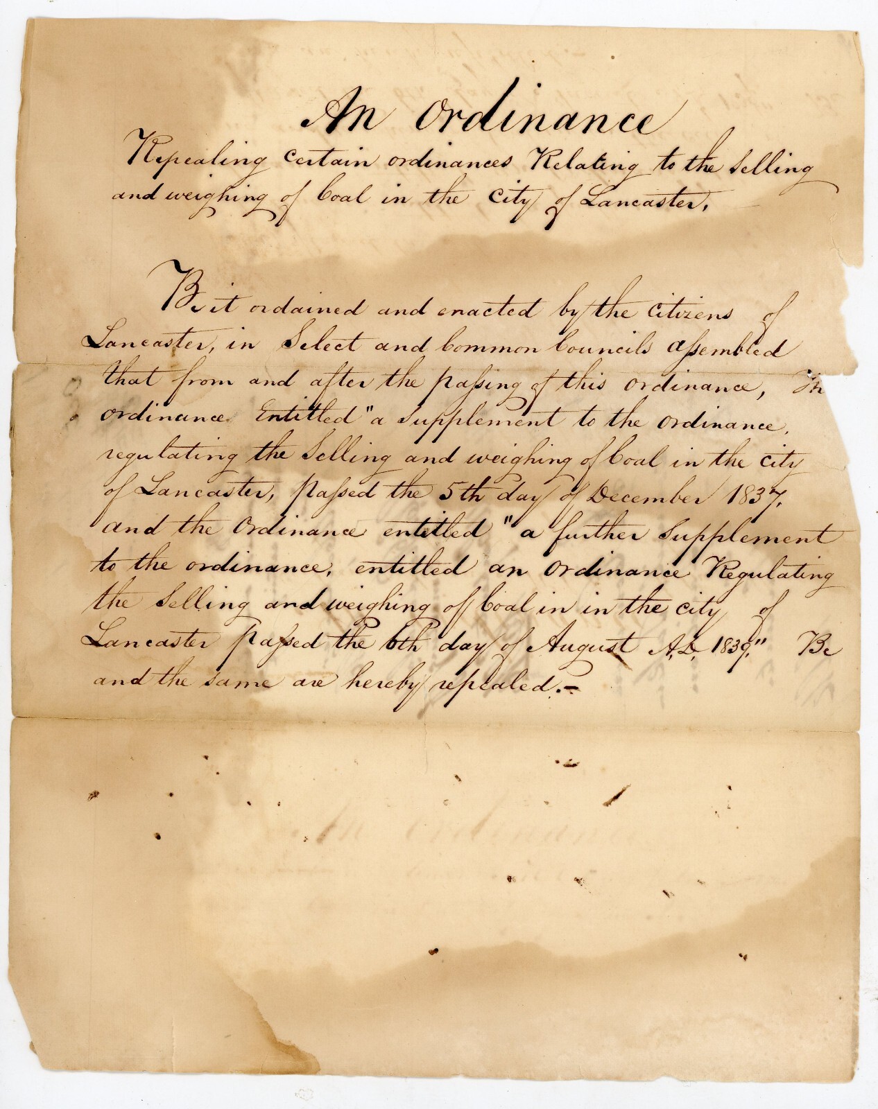 19th Century Doc Lancaster Repeal Coal Ordinance Carpenter Clerk Select Council