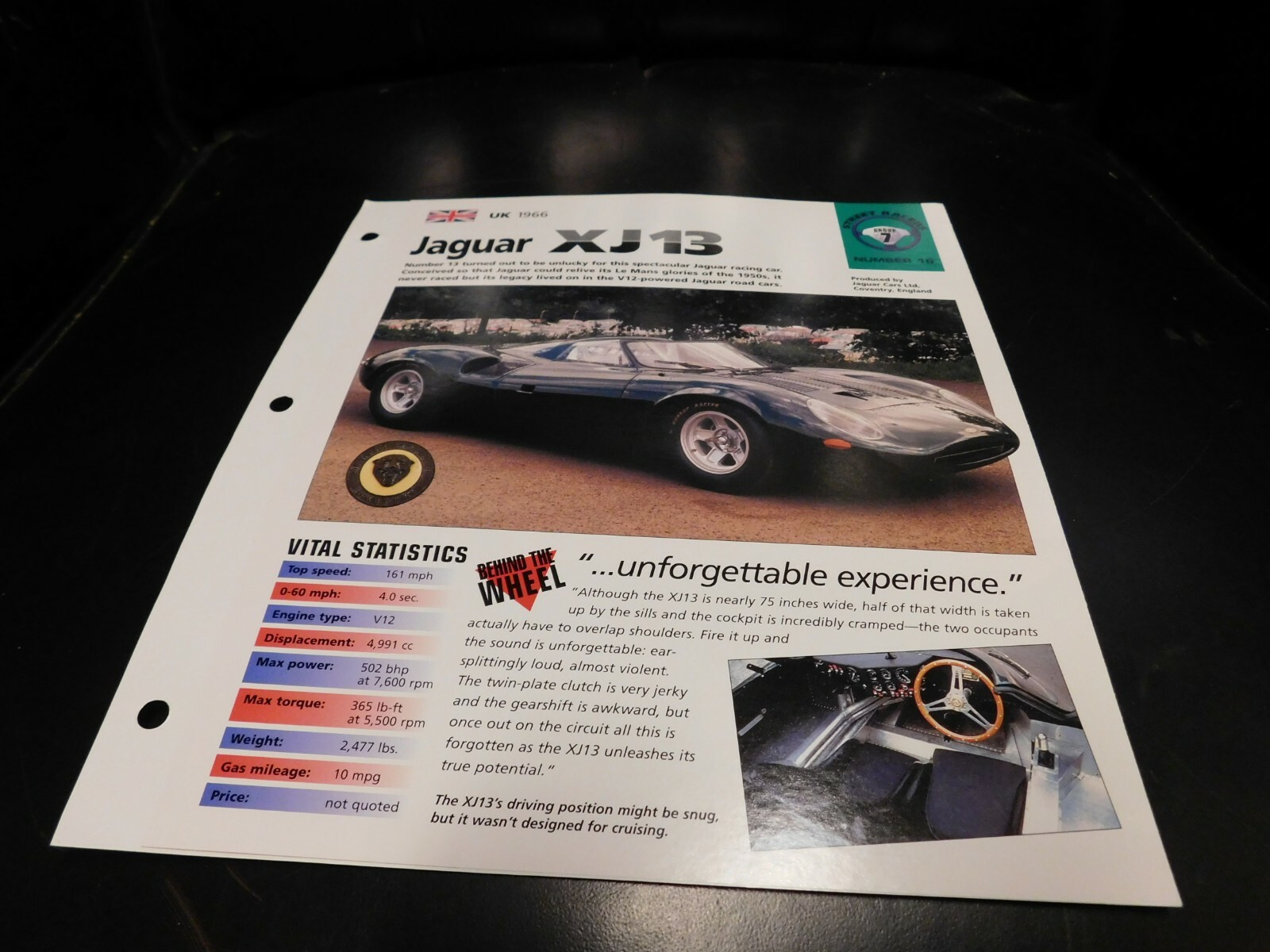 1966 Jaguar XJ13 Spec Sheet Brochure Photo Poster