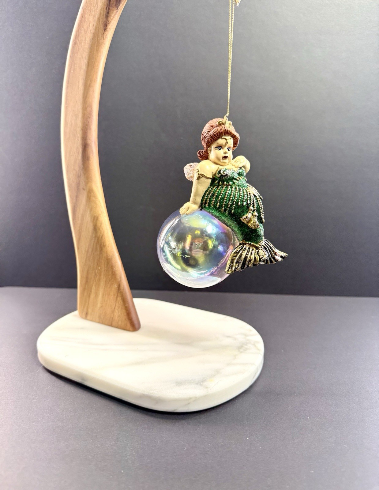 Whimsical Mermaid Christmas Ornament Green Glitter Resin Iridescent Ball 4.5