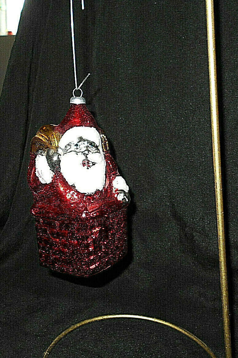 ANT/VTG GERMAN SANTA W/TOY BAG BLOWN MERCURY GLASS CHRISTMAS ORNAMENT 4 1/2