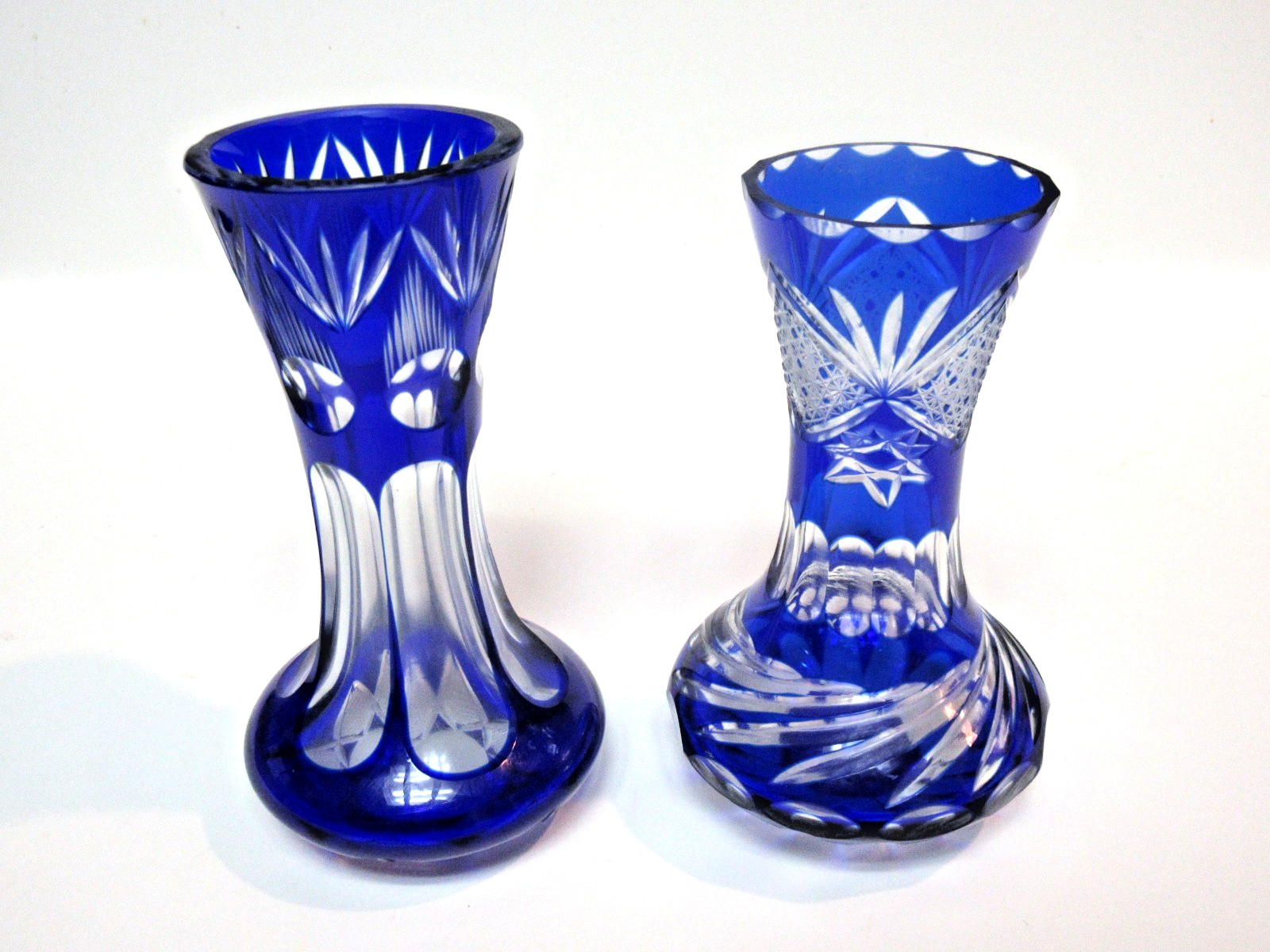 SET OF 2 BOHEMIAN COBALT BLUE CUT TO CLEAR BUD VASES