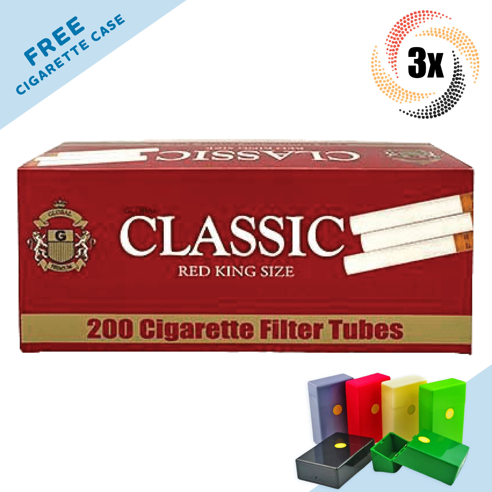 3x Boxes Classic Full Flavor Red KING SIZE ( 600 Tubes ) Cigarette Tobacco RYO 3x Boxes Classic Full Flavor Red KING SIZE ( 600 Tubes ) Cigarette Tobacco RYO