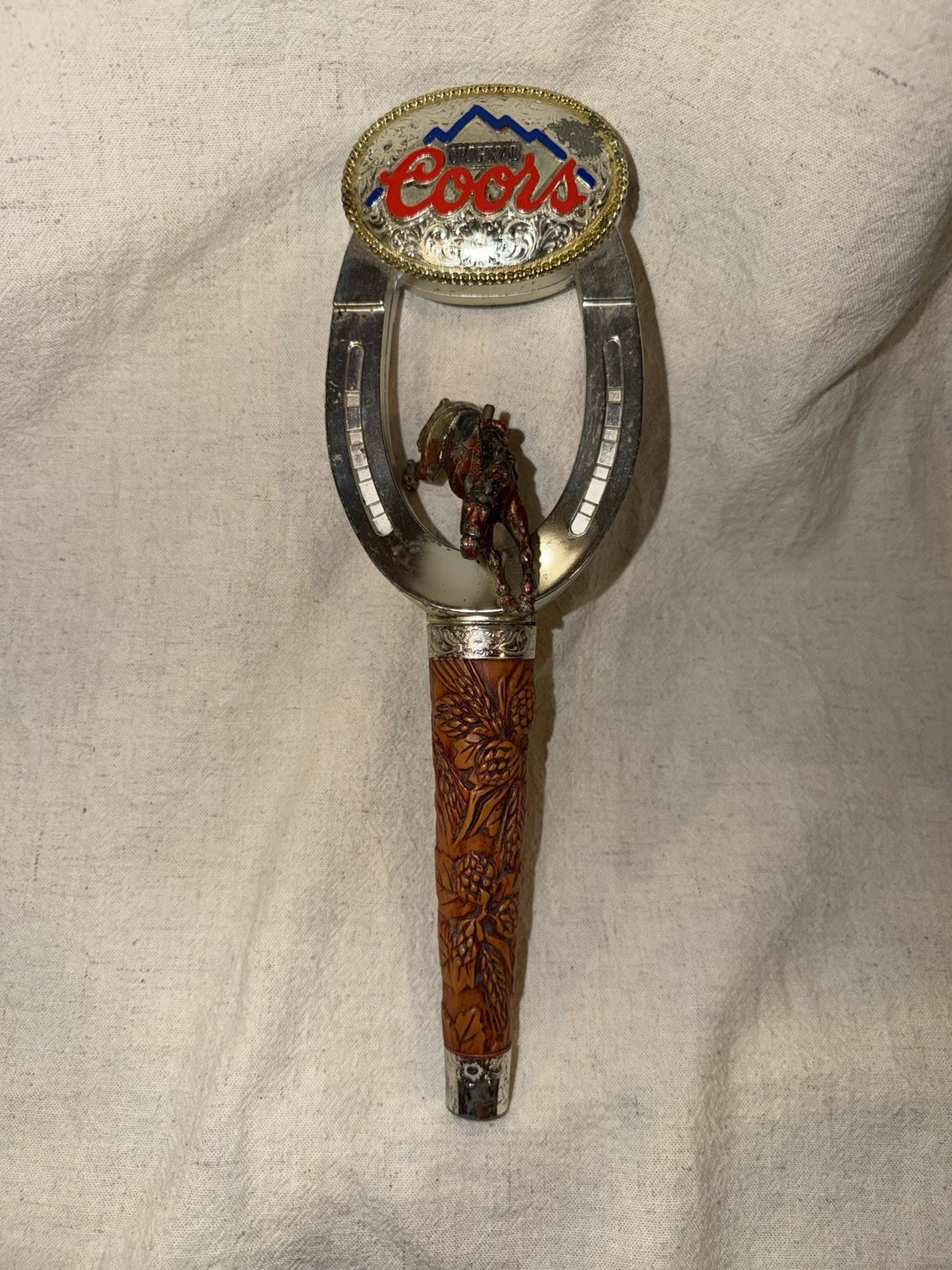 HTF Vintage Coors Beer Tap Handle Cowboy Bronco Horseshoe Rodeo 11.5 inch READ