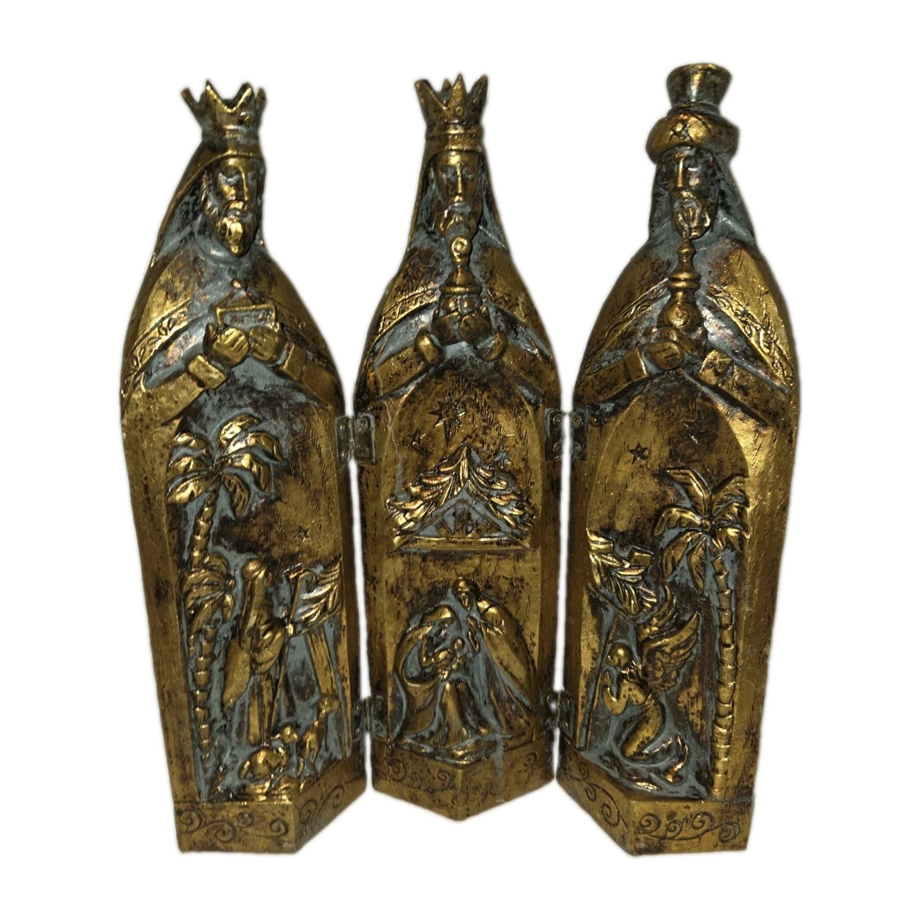 Three Kings Folding Nativity Triptych Sculptural Christmas Gold Painted Resin