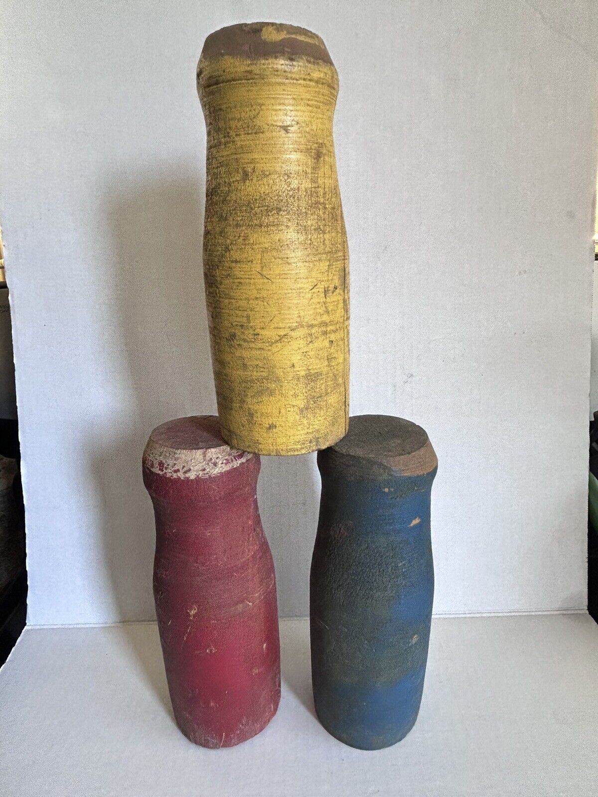 Antique Carnival Knock Down Bottles Wood Set Of 3 Original Paint Weighted