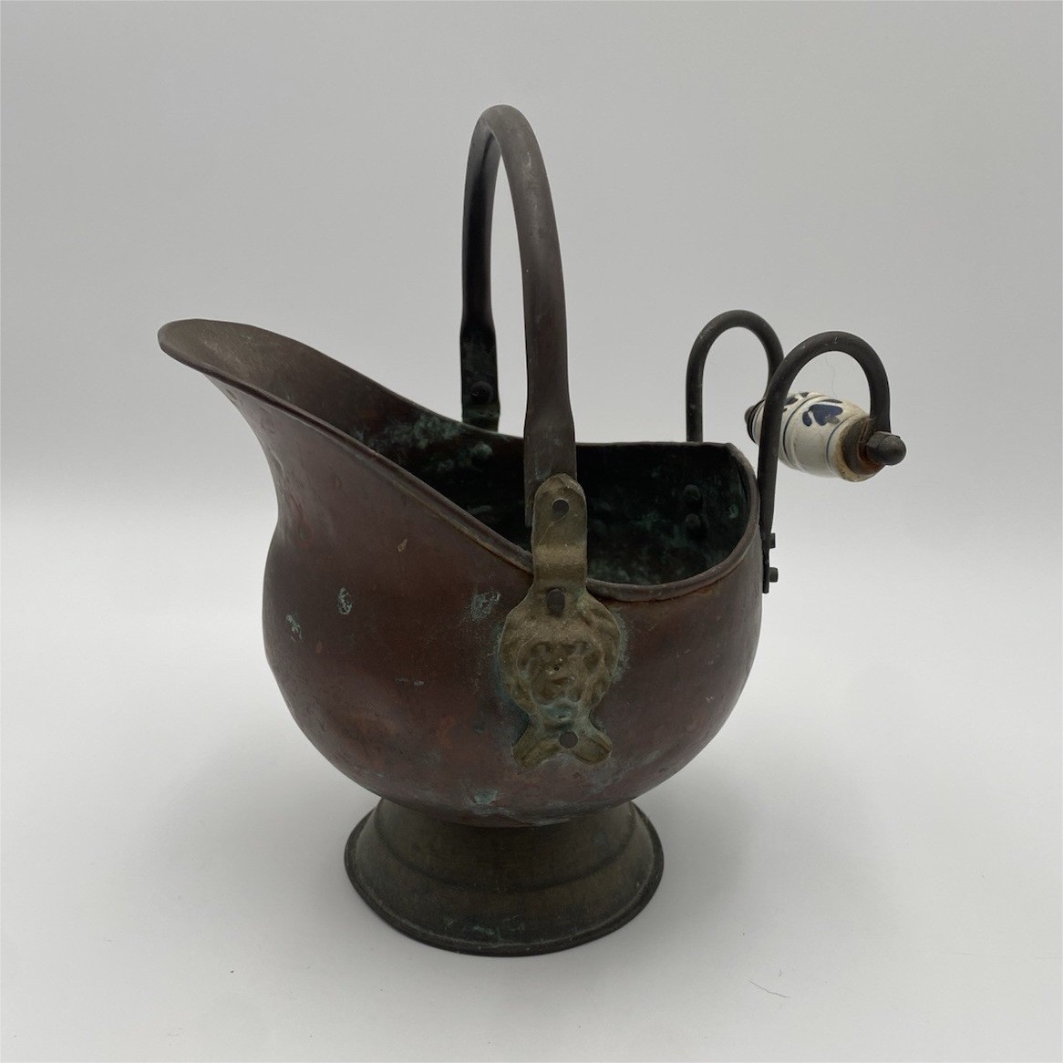 Antique Copper Coal Scuttle Bucket with Handle and Ceramic Side Grip