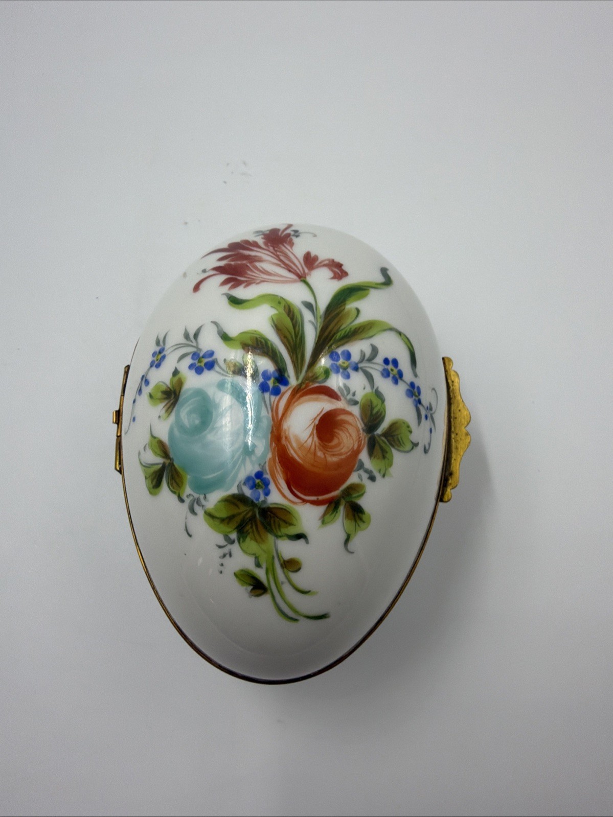 Vintage Limoges Style Hand Painted Porcelain Egg Gold/Floral Hinged Trinket Box
