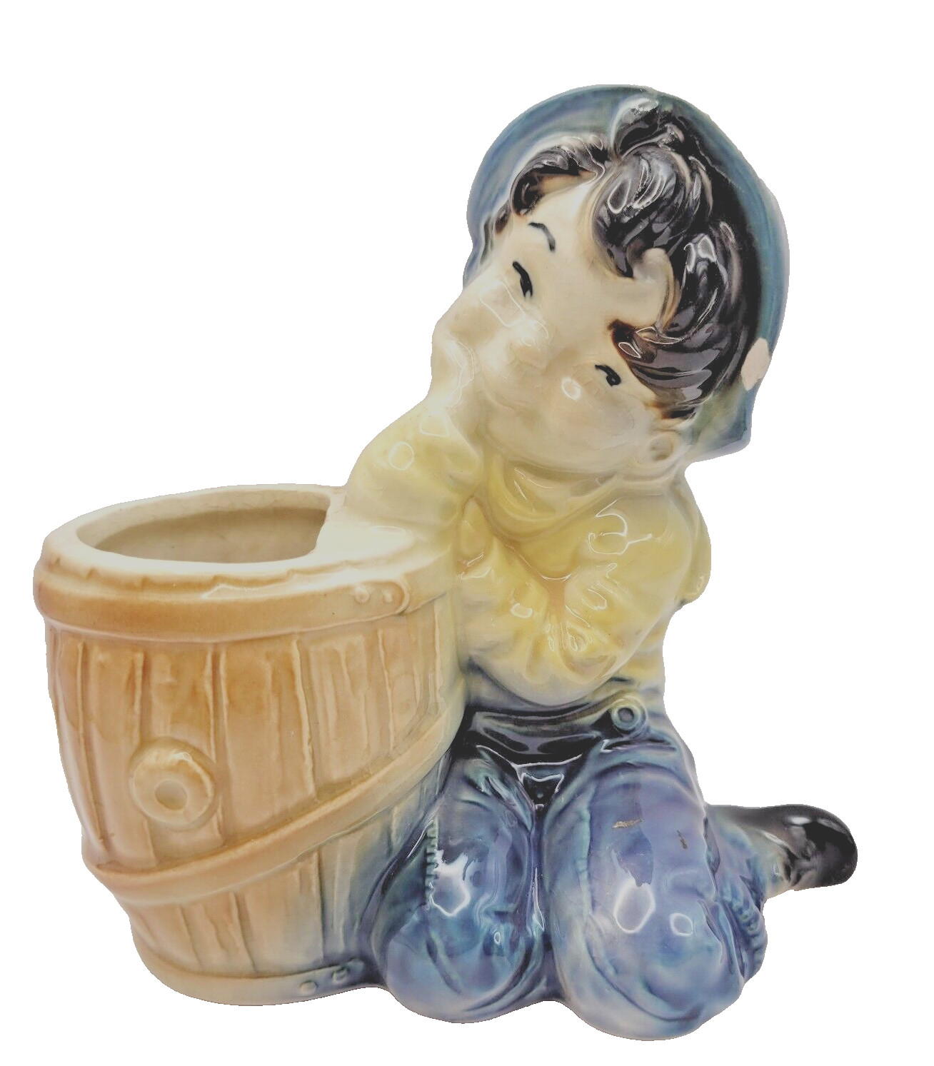 Royal Copley Vintage Planter Blue Jeaned Pixie Looking Boy in Hat Barrel Chipped