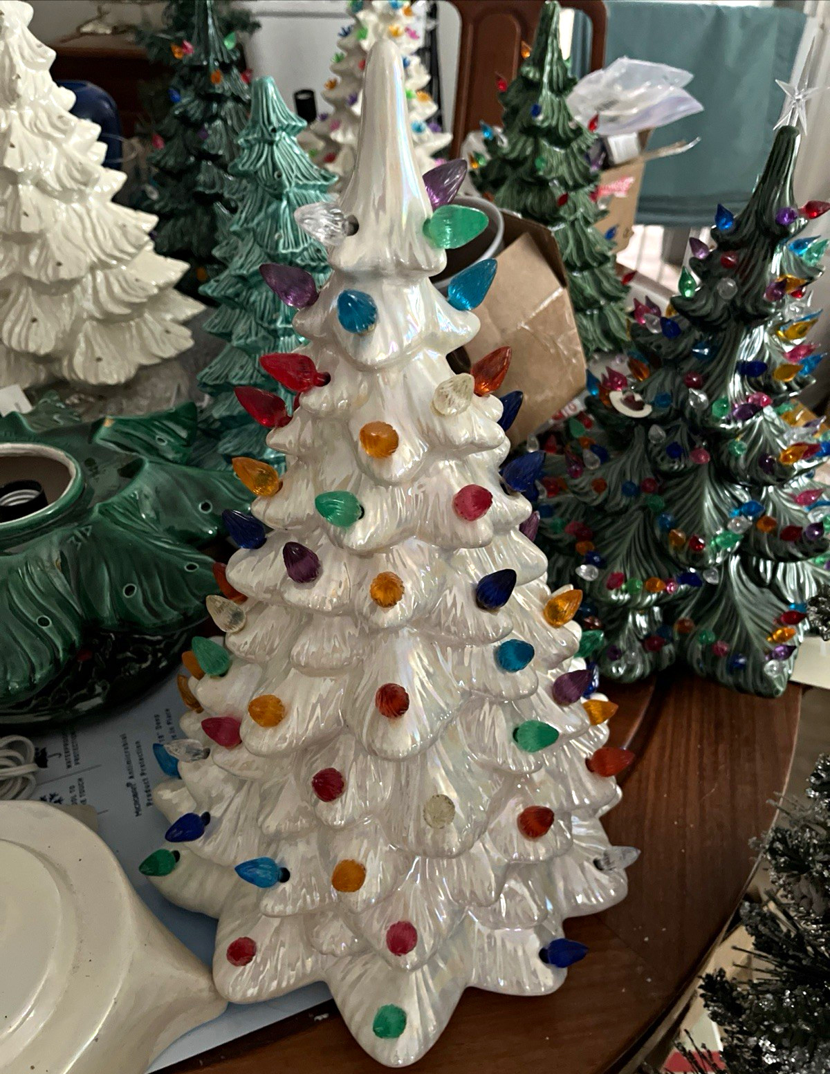 Ceramic Christmas Tree Vintage 60’s ? Iridescent White w/ Multicolor Lights