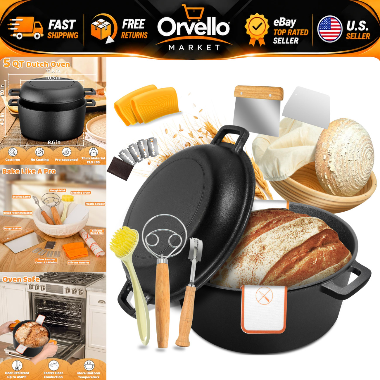 5 QT Pre-Seasoned Cast Iron Dutch Oven for Baking, Cooking, Stews & Roasting 5 QT Pre-Seasoned Cast Iron Dutch Oven for Baking, Cooking, Stews & Roasting