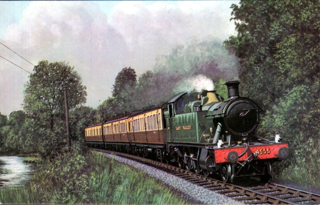 Staverton Devon - GWR 2-6-2T No. 4555 Dart Valley Train - Art Postcard - c1970