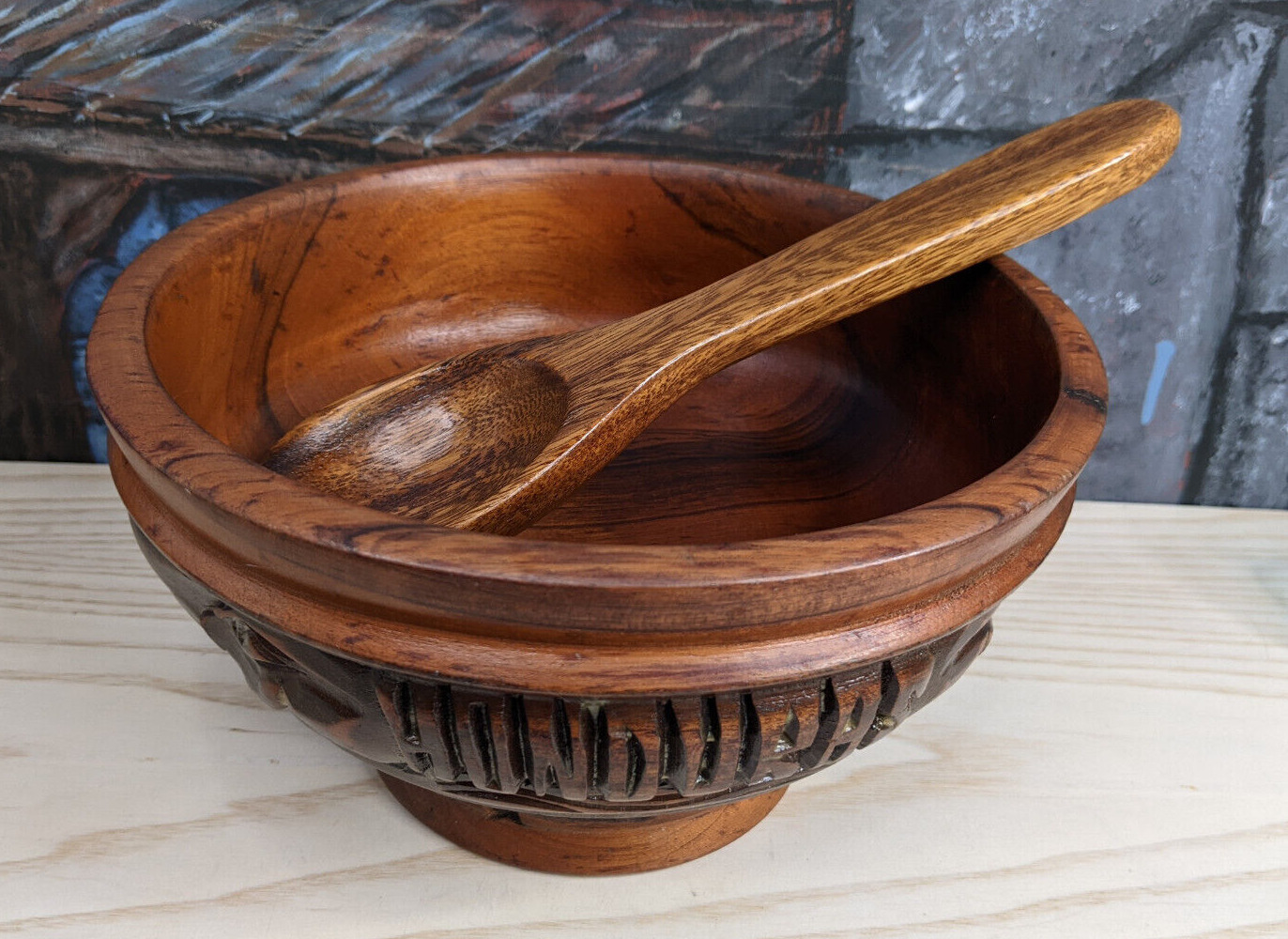 Honduras Hand Carved Wood Salad Bowl Pedestal Foot Serving spoon Handcrafted 8\