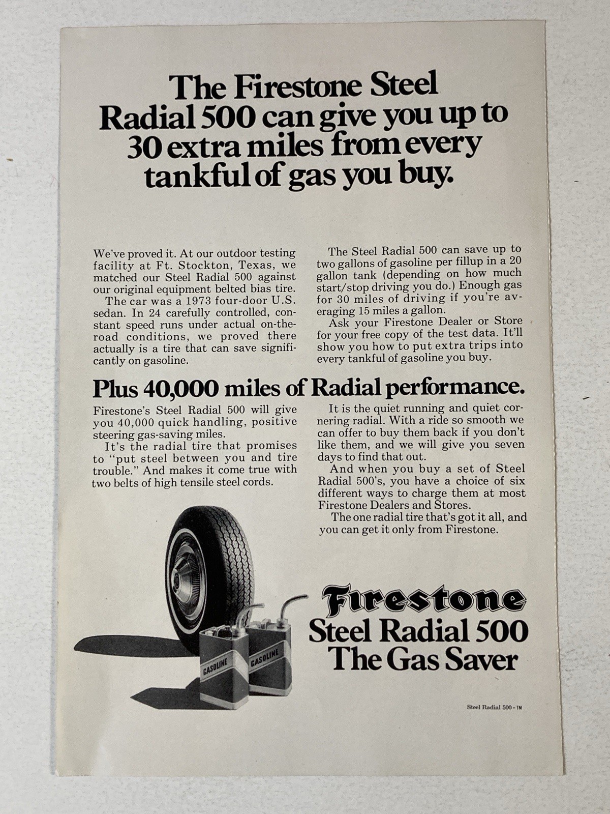 1974 Firestone Steel Radial 500 Tire Print Ad Up To 30 Miles Extra 1974 Firestone Steel Radial 500 Tire Print Ad Up To 30 Miles Extra