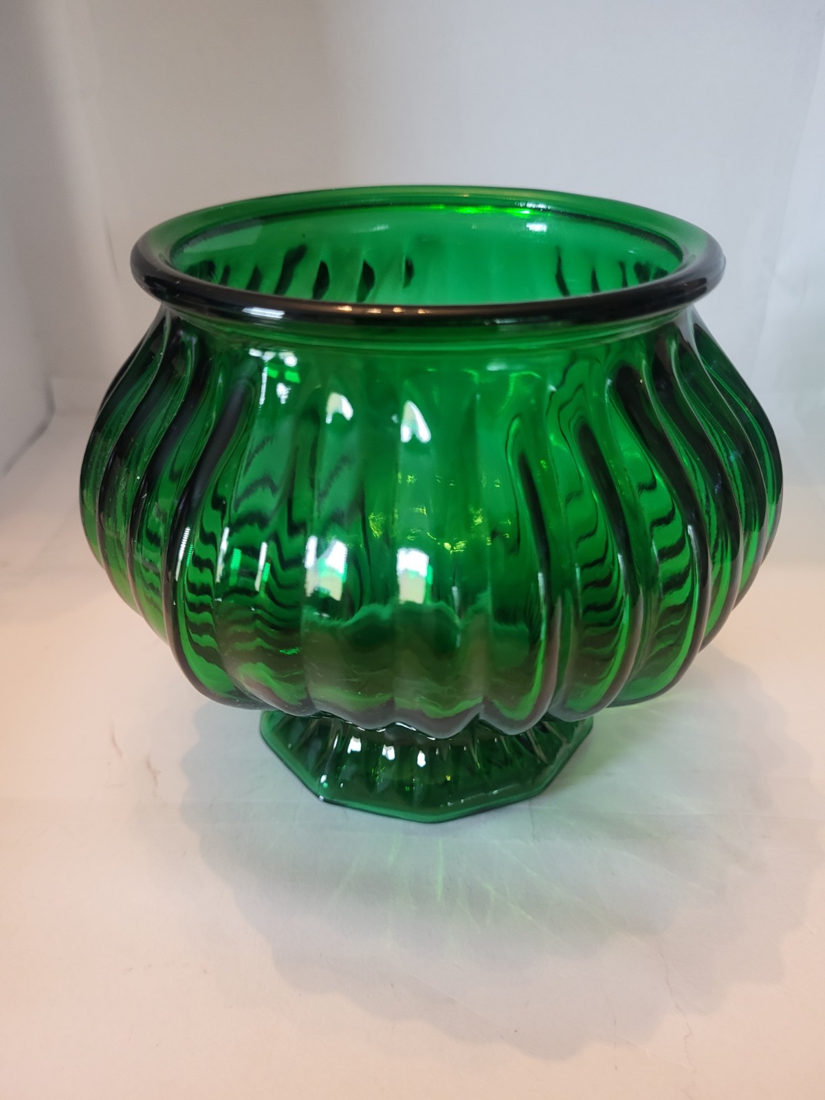 Vintage E.O. Brody Co. Emerald Green Glass Pedestal Vase Ribbed Melon Bowl G-105