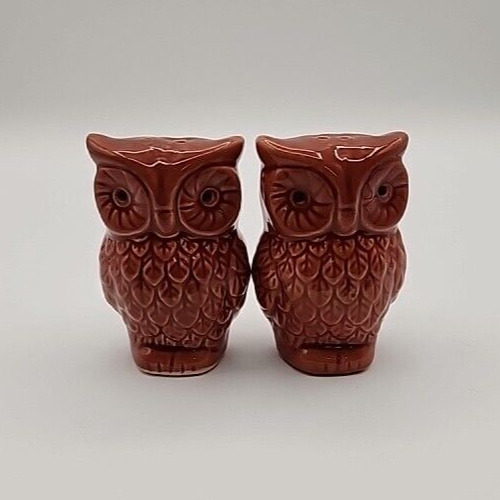Vintage Owls Salt And Pepper Shakers MCM Brown Glazed Ceramic Owls 3” Unused