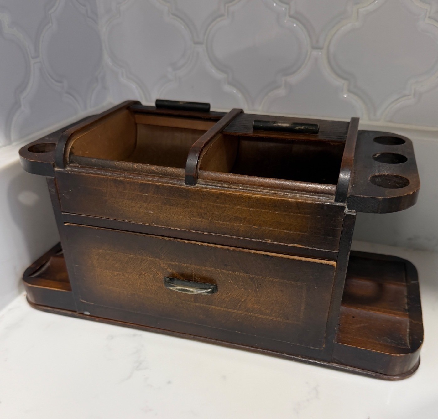 Desk Antique Wooden Tobacco Box & Pipe Holder Sliding Compartments & Drawer - El