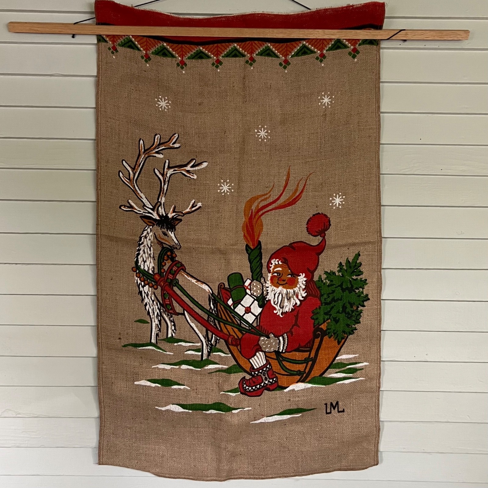 Vintage Swedish Jute Wall Hanging Elf Gnome Scandinavian Burlap Christmas Bag