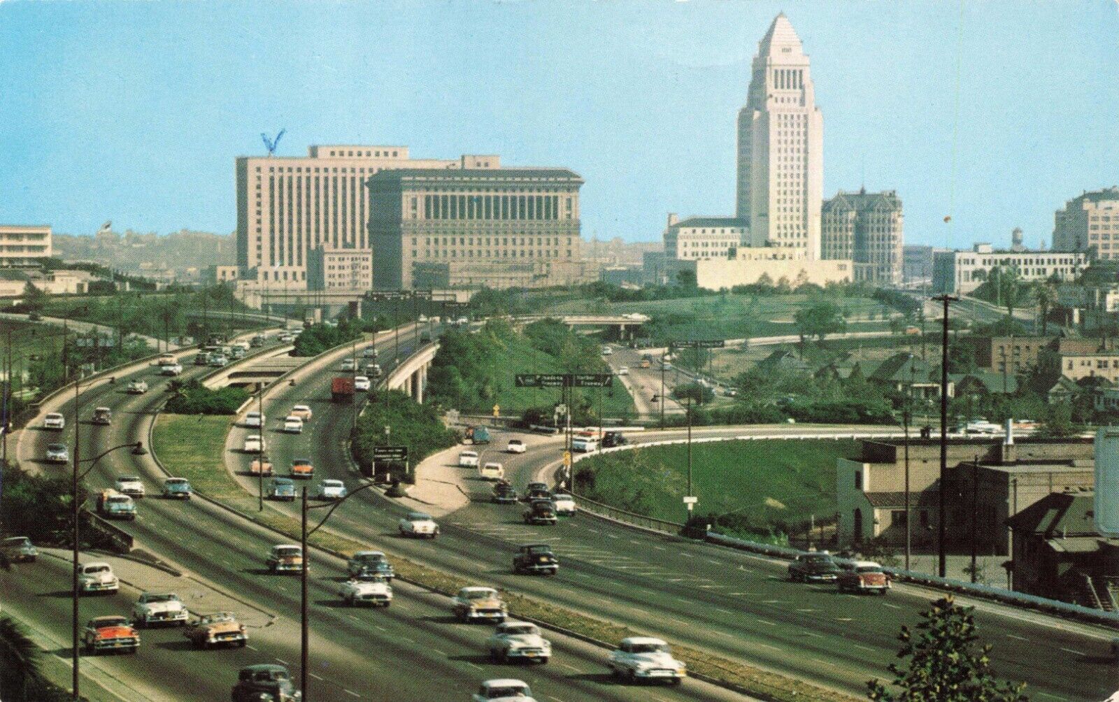 Postcard CA Los Angeles Hollywood Freeway looking towards Civic Center Highway