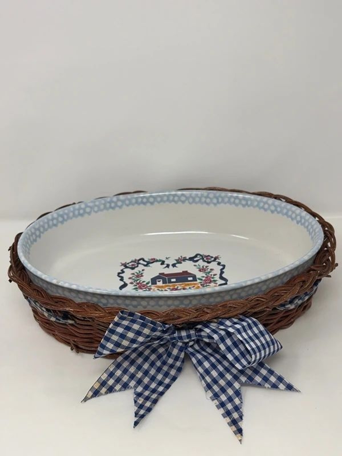 Vintage 1995 Teamson Stoneware Oval Casserole Baking Dish with Wicker Basket Bow